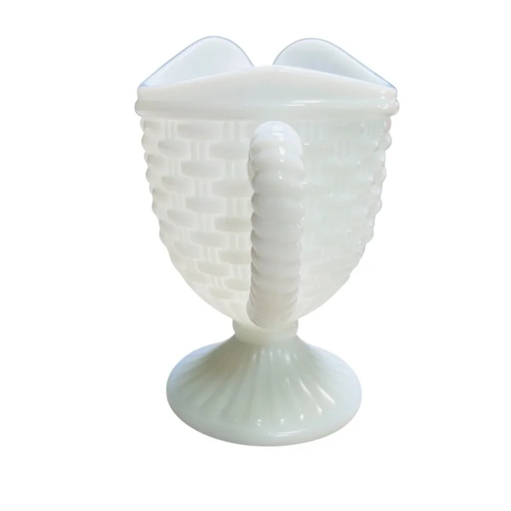 Vintage Imperial White Milk Glass Basket Weave Footed Creamer Pitcher
